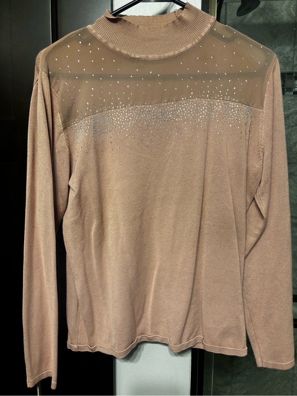 Women's Sheer Yoke Rhinestone Long-Sleeve Top — Dusty pink